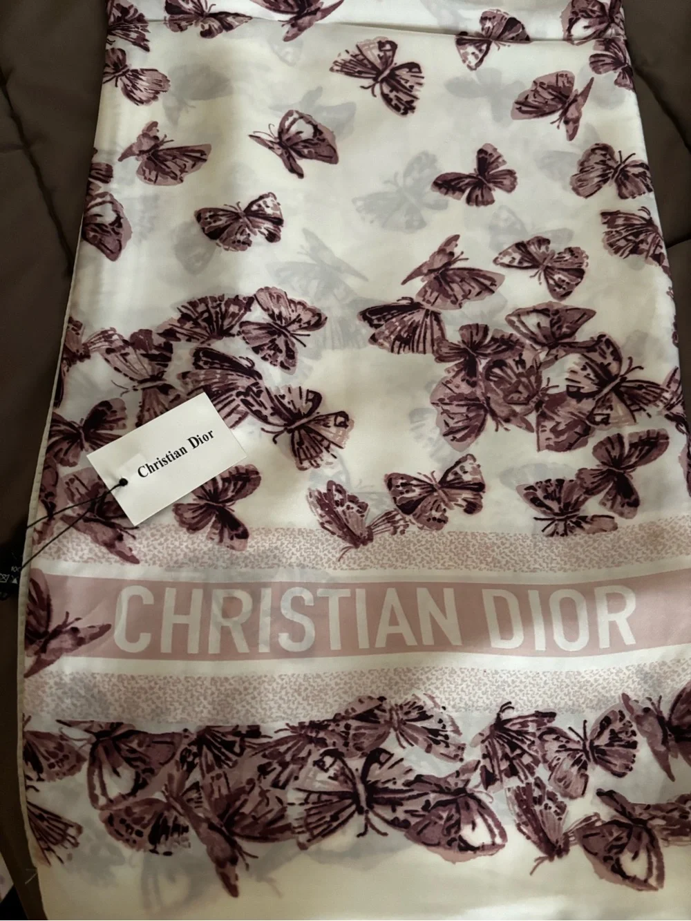 100% Silk Cream Wrap Scarf with Mauve Butterfly Print - Picture 4 of 9
